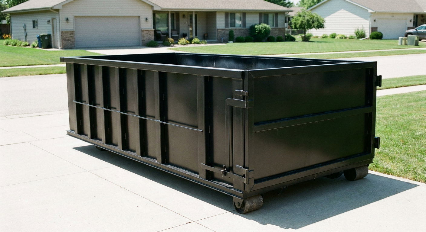 Matte-black 10-yard roll-off dumpster on a residential concrete driveway in Rialto, uniformly painted matte black across every panel and rail, ribbed steel sidewalls and rear swing door visible, mid-day daylight.