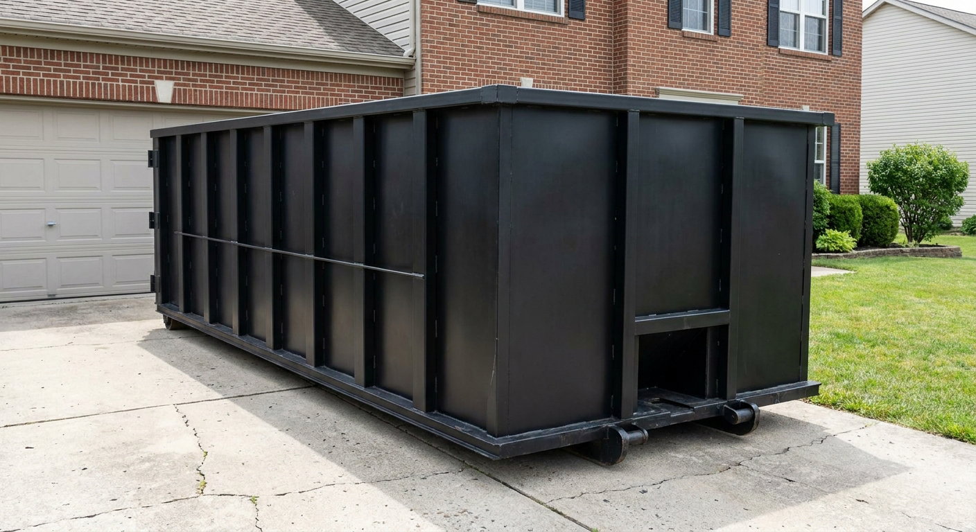 Matte-black 20-yard roll-off container on a Rialto residential concrete driveway with reinforced ribbed steel sidewalls and a hinged rear walk-in door, clean bright daylight.