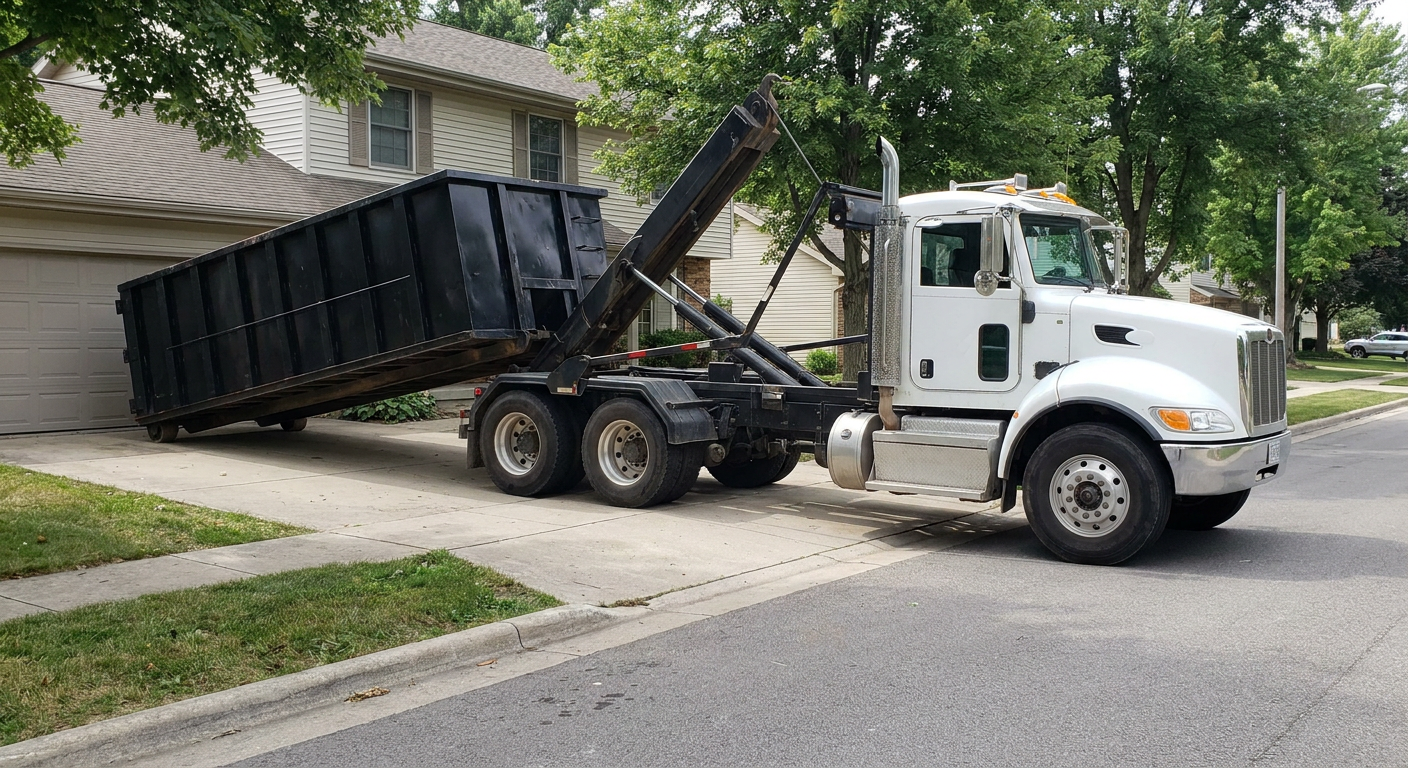 White-cab hooklift roll-off truck actively lowering a matte-black dumpster onto a Rialto residential concrete driveway, the dumpster's rear wheels touching the driveway as the hoist arm tilts the bed forward, mid-morning daylight.